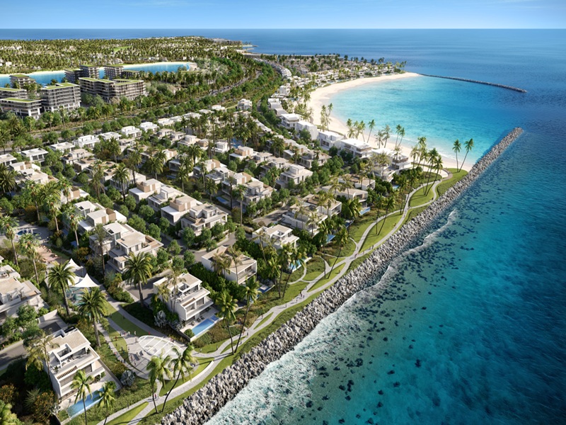 Aerial view of Bay Villas community on Dubai Islands, surrounded by turquoise water