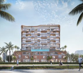 "Luxury properties in Dubai – Exterior view of Bonds Avenue apartment complex with private pools and modern architecture"