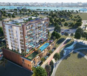 "Aerial view of Bonds Avenue’s luxury homes Dubai with private pools and close proximity to Dubai International Airport"